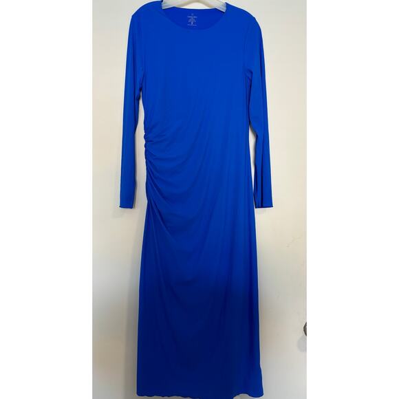 Sweaty Betty Midi Dress Bodycon Ruched Side Size Large Indigo Blue Coastal - Picture 1 of 4